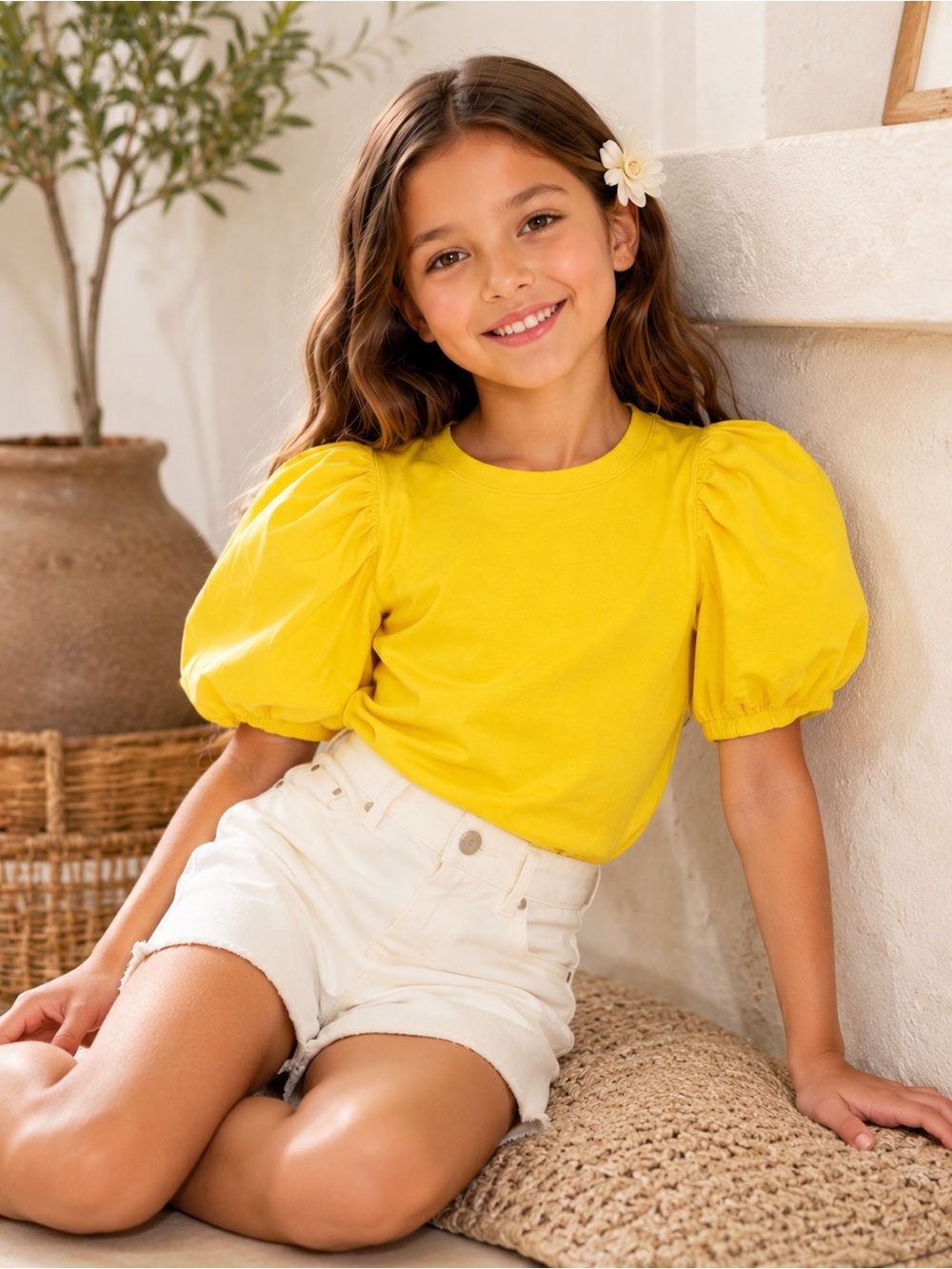 A Loves A Girls Kids Puff Sleeve Top Yellow Crewneck Cotton Size S NWT